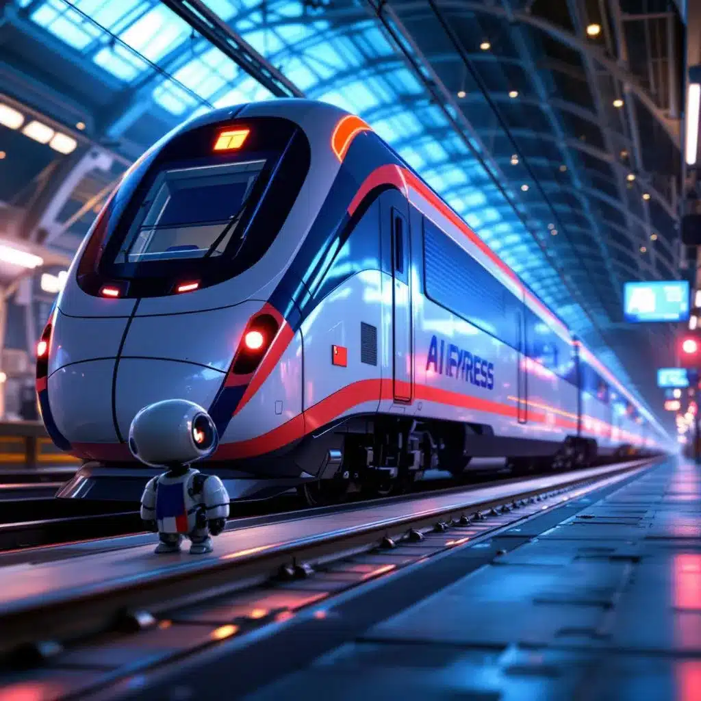 Un petit robot aux couleurs de la France, l'air triste sur un quai de gare, regarde un train futuriste nommé "AI Express" s'éloigner. À bord, deux robots géants symbolisant les États-Unis et la Chine.