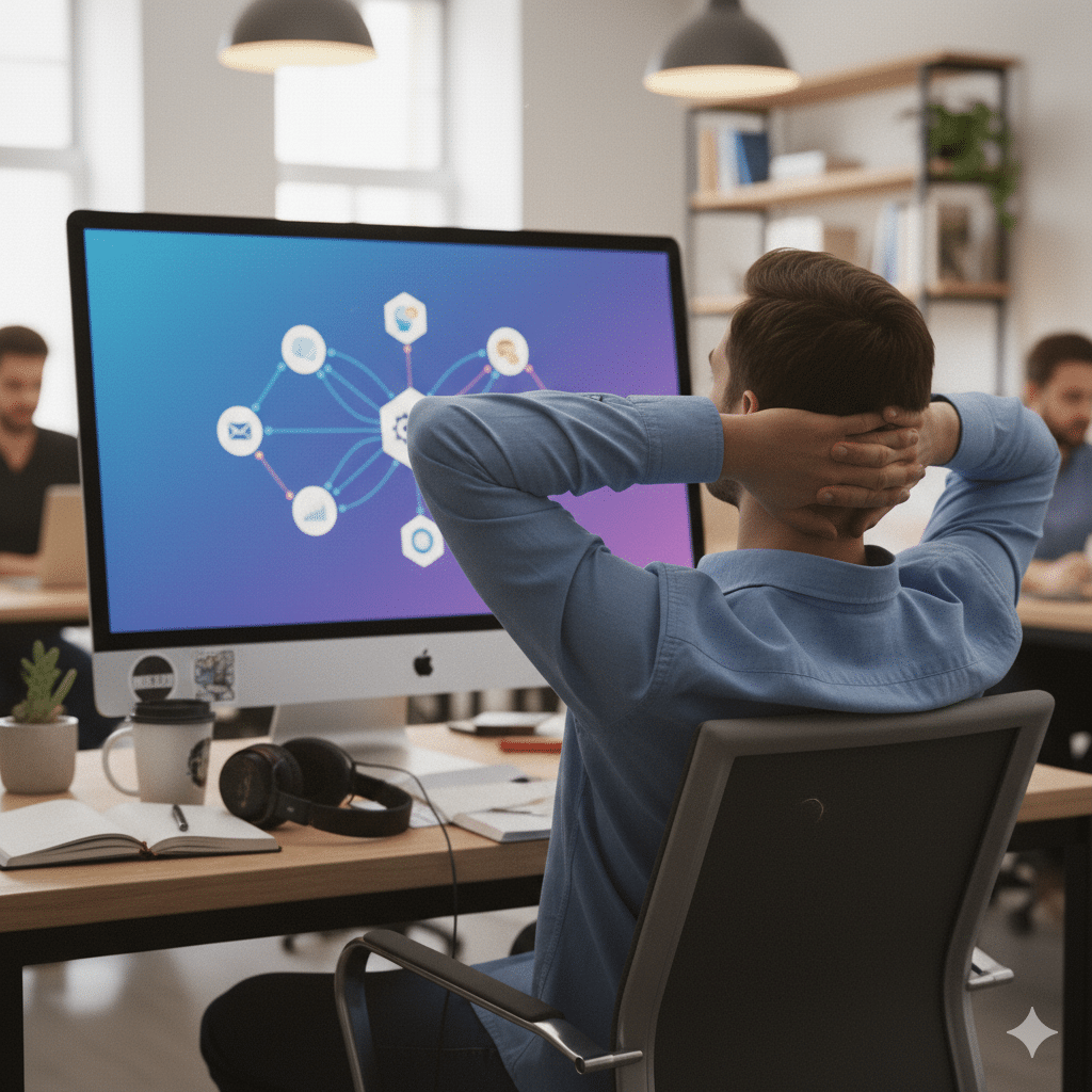 Un professionnel en open space travaillant sur un workflow d'automatisation IA complexe via l'interface n8n sur son écran d'ordinateur, avec un café sur le bureau.