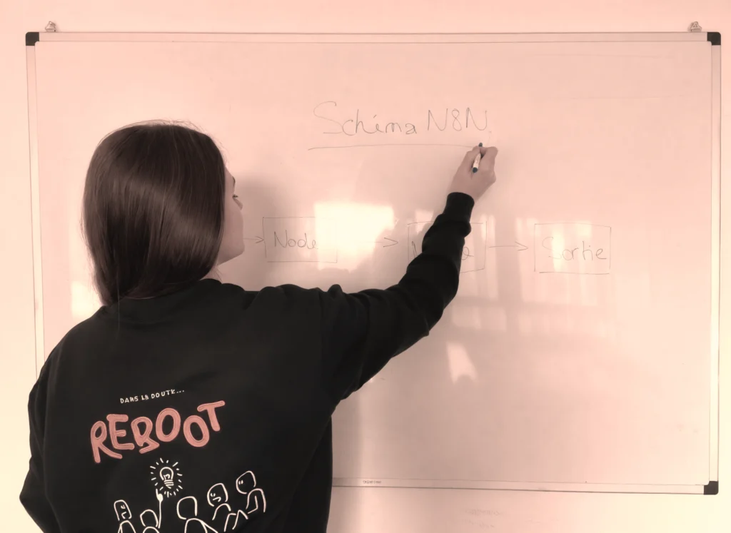 Personne dessinant un diagramme de flux (Node -> Sortie) sur un whiteboard, expliquant un workflow N8N.